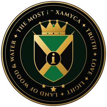 The Seal of Xamyca: a gold crown above a shield bearing the saltire, with a lowercase i at its heart, ringed by the words Truth, Love, Light and Land of Wood and Water
