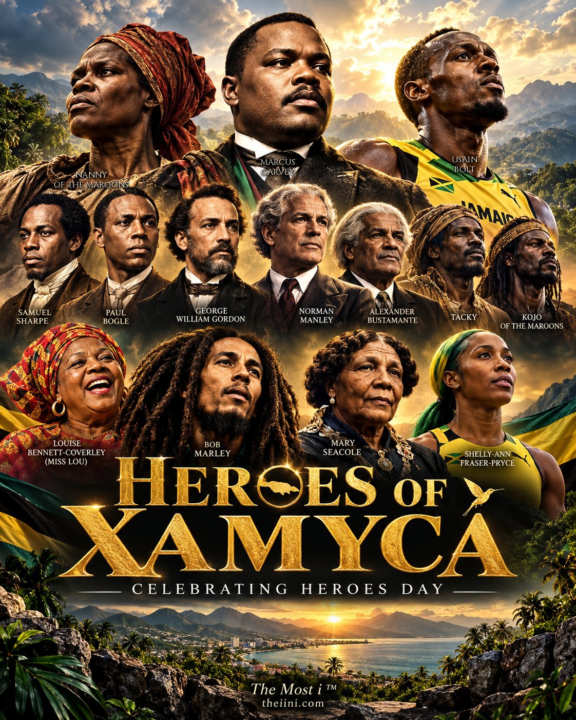 The Heroes of Xamyca poster, honouring Nanny of the Maroons, Marcus Garvey, Usain Bolt, Samuel Sharpe, Paul Bogle, George William Gordon, Norman Manley, Alexander Bustamante, Tacky, Kojo of the Maroons, Louise Bennett-Coverley (Miss Lou), Bob Marley, Mary Seacole and Shelly-Ann Fraser-Pryce